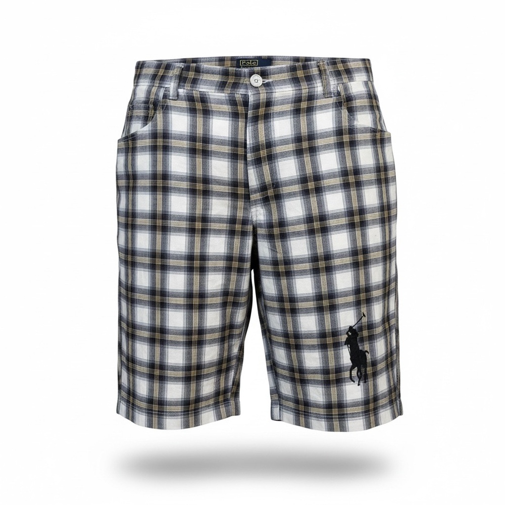 Polo by Ralph Lauren Men’s Plaid Flat Front Shorts - White, Gray, Tan